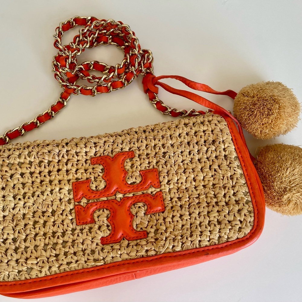 Tory Burch raffia orange cross body with Pom Pom